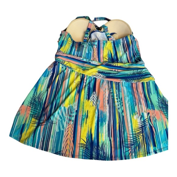 Denim & Co. Beach V-Neck Ruched Waist Swim Dress 22W A634759 Blue Stripe Palm - Picture 14 of 15